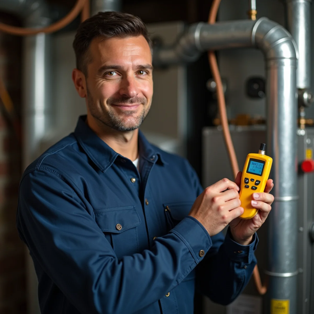 HVAC technician testing carbon monoxide levels near a furnace in Quakertown, PA