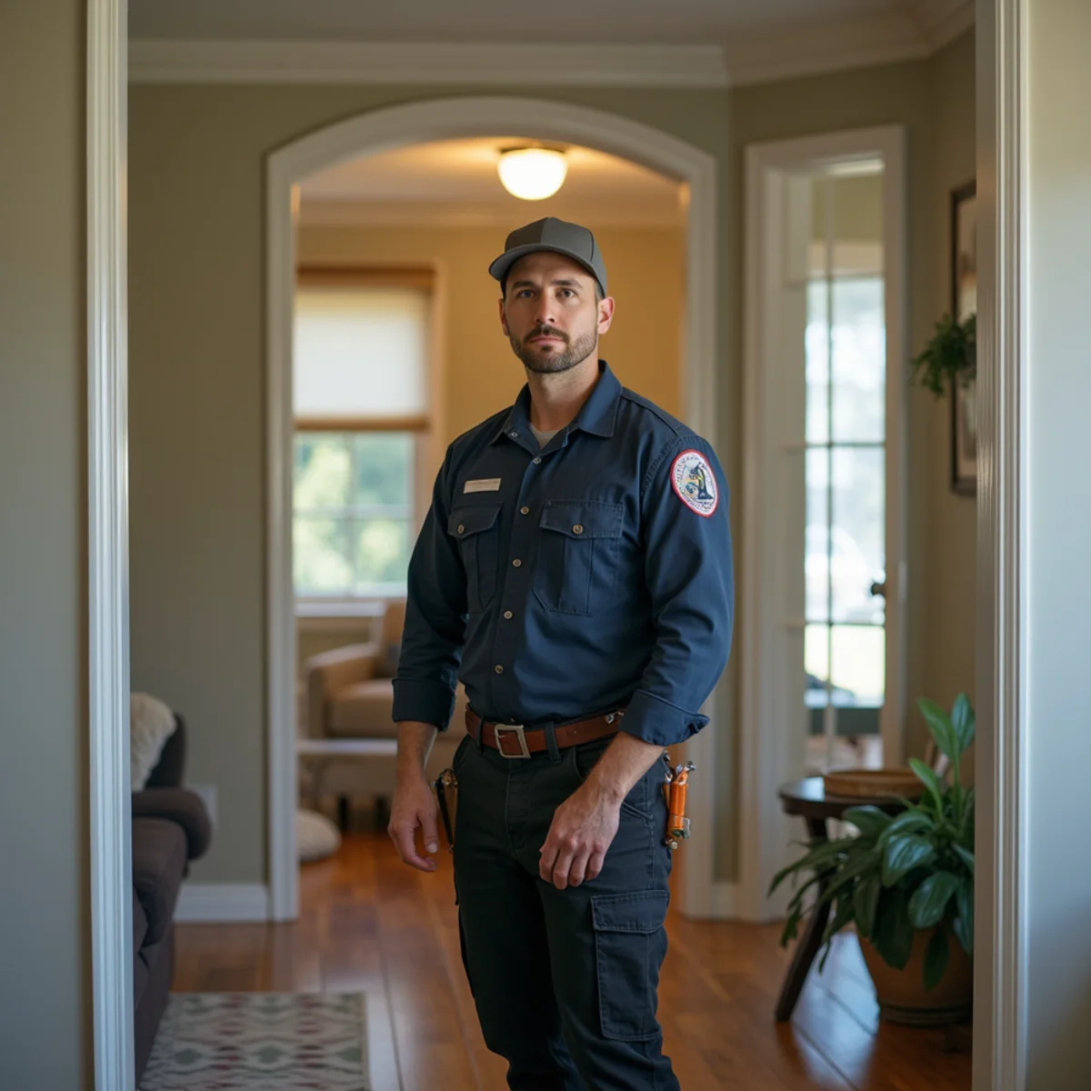 A carbon monoxide detector mounted on a hallway wall near a bedroom door in a Quakertown, PA home