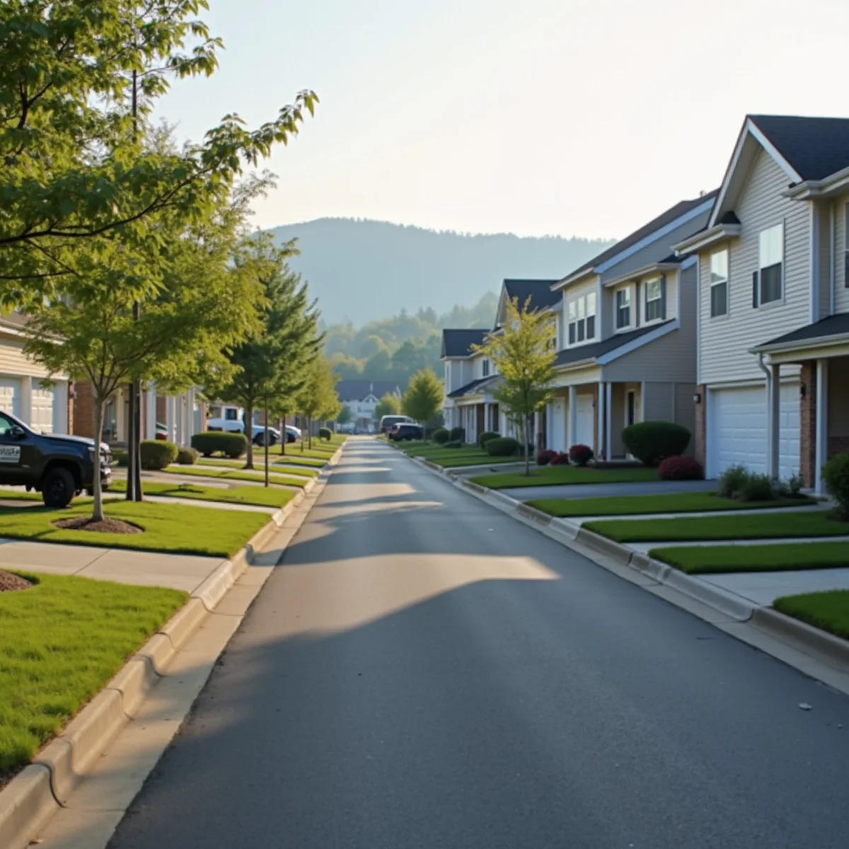 Suburban street with two-story single-family homes and a row of townhomes with attached garages