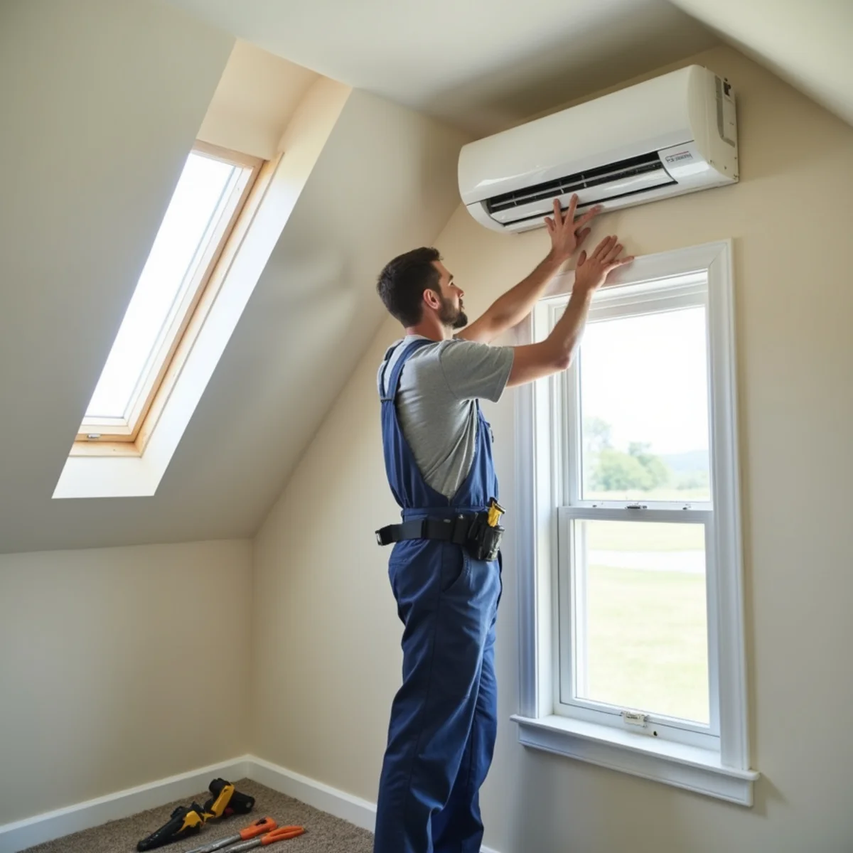 Technician mounting a ductless mini-split indoor unit high on the wall of a finished bonus room
