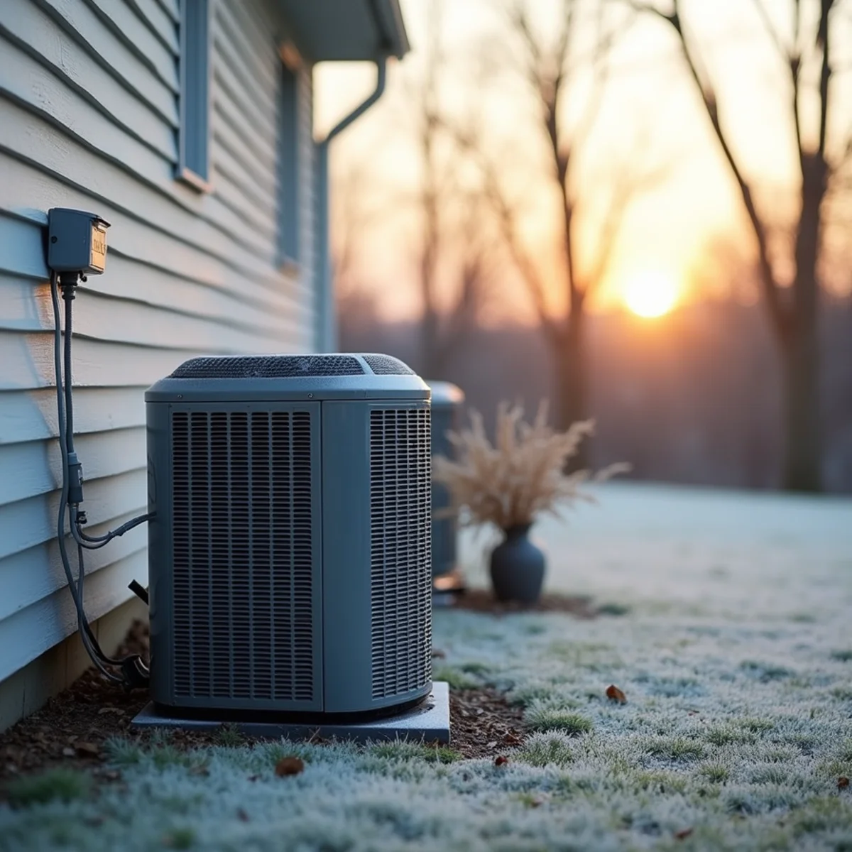 Outdoor heat pump unit with light frost beside a newer two-story home at dawn