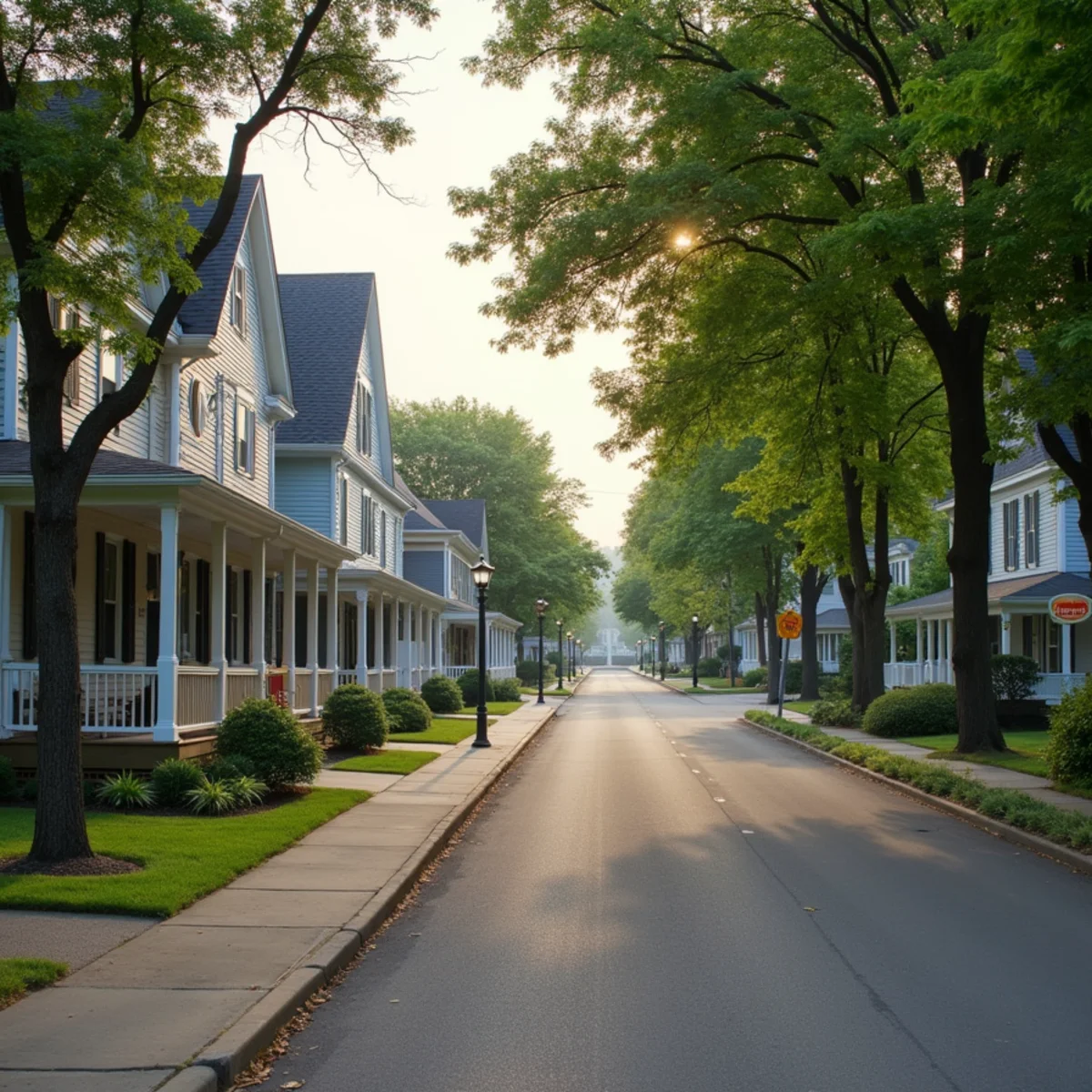 Victorian-style houses with porches on a tree-lined street near a small commuter rail station