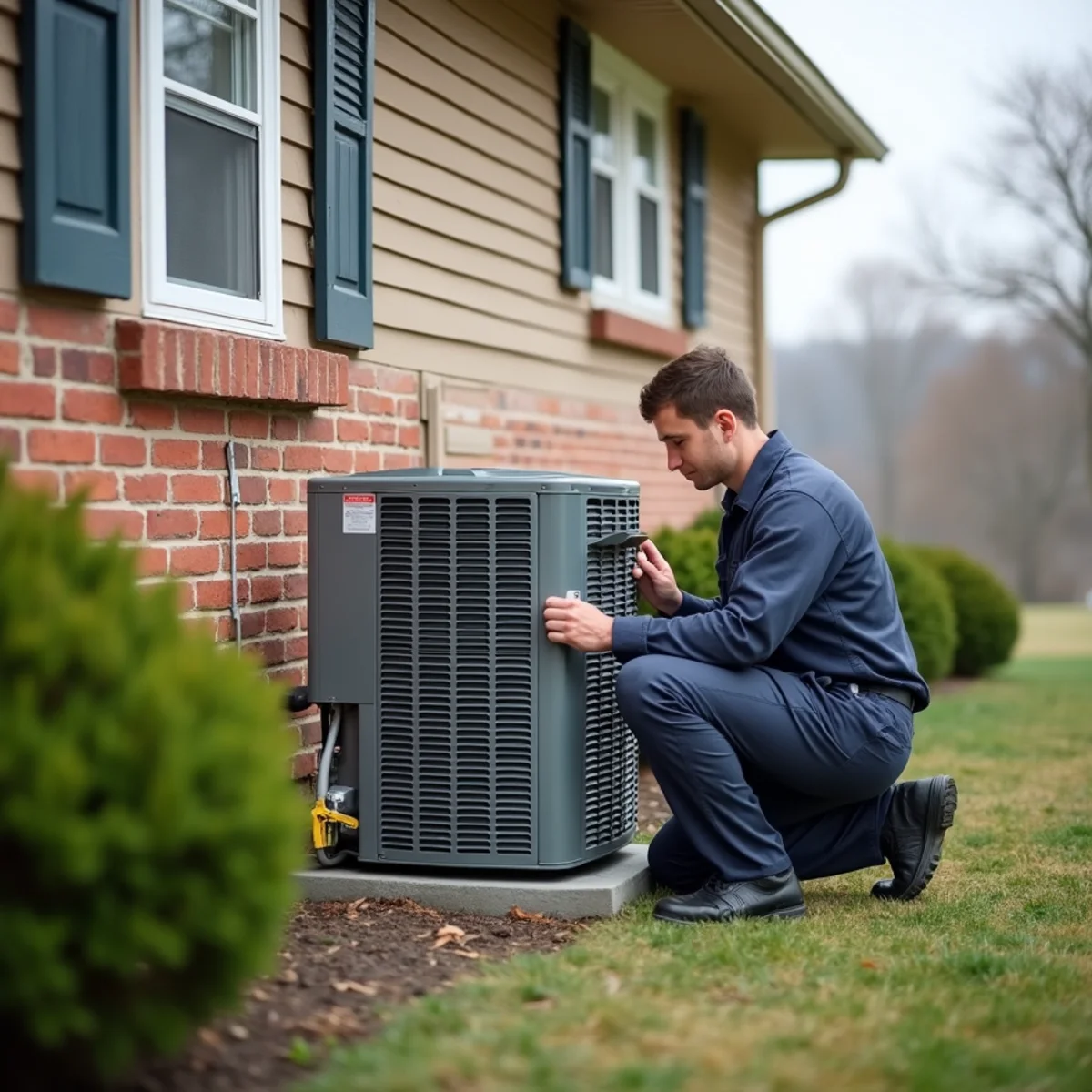 HVAC technician servicing a heat pump outdoor unit beside a 1970s-style brick ranch house