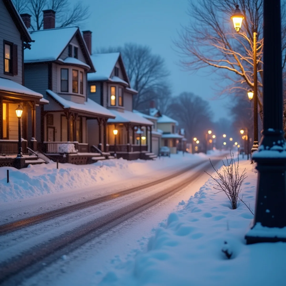 Snow-covered borough street with Victorian houses and parked cars near a rail line