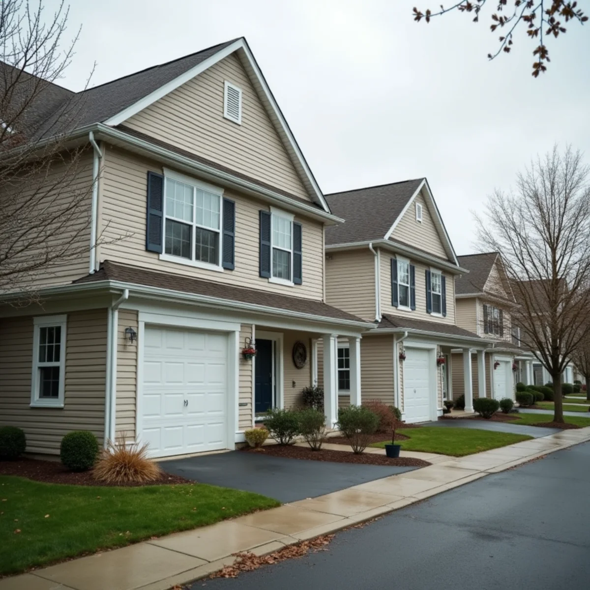 Two-story colonial-style twin houses with attached garages on a suburban Bucks County street