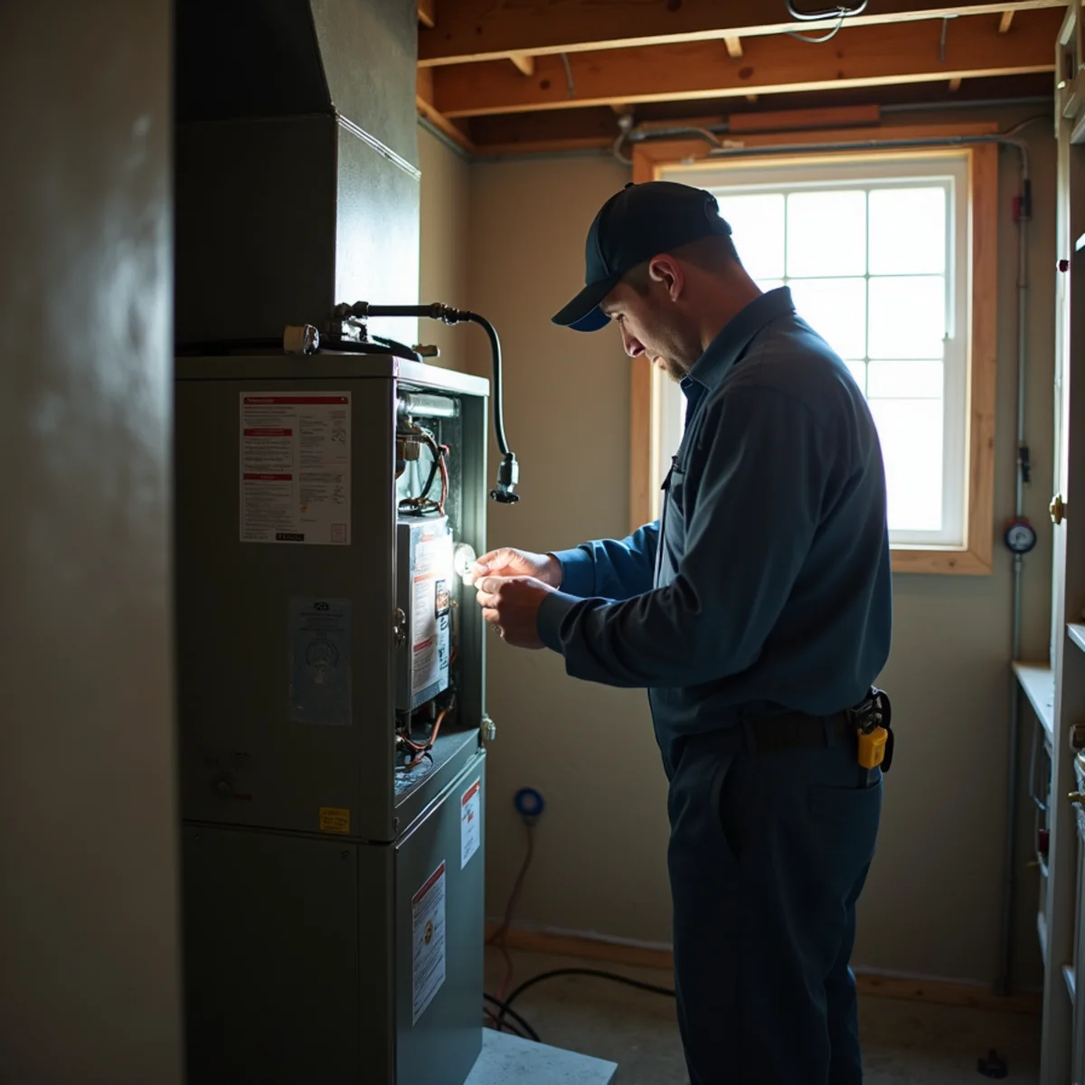 A technician in a plain uniform servicing an indoor air handler in a finished basement utility area