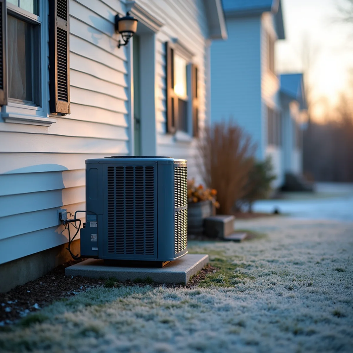 Frost on an outdoor heat pump unit beside a twin house at dawn in winter