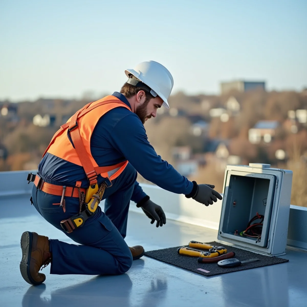 Technician servicing a rooftop unit