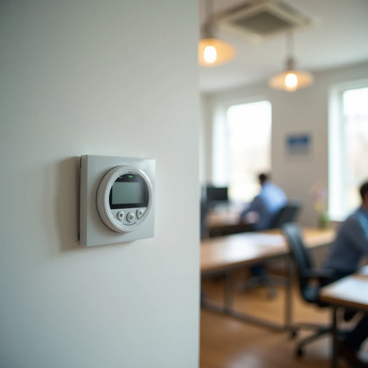 A small office with a wall thermostat and ceiling diffuser