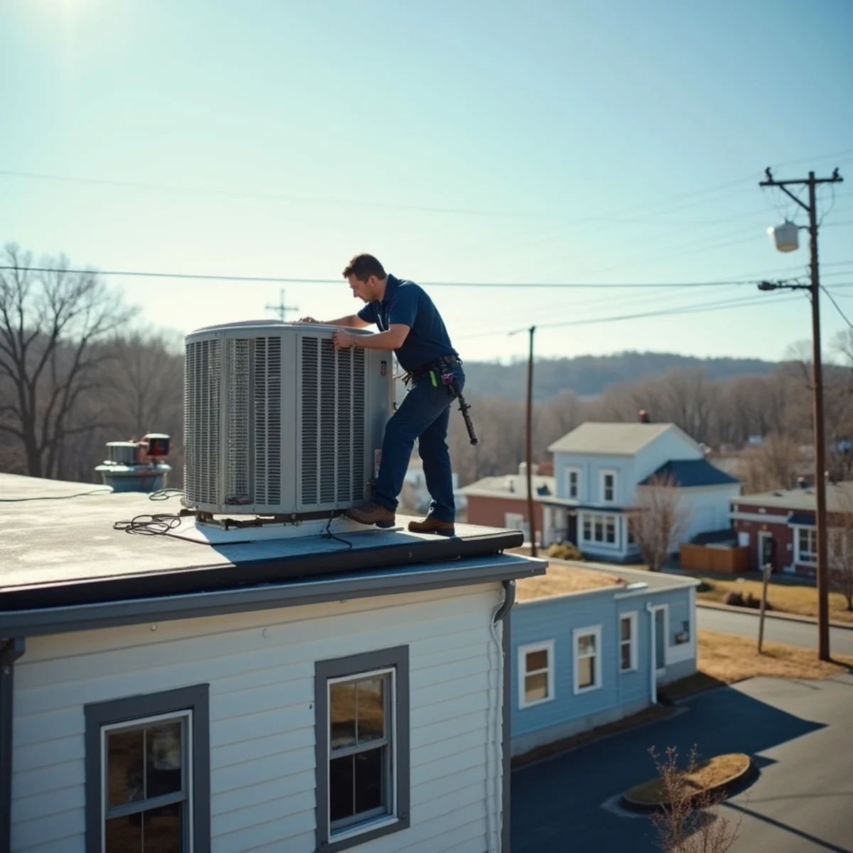 Technician servicing a rooftop commercial HVAC unit above a Quakertown, PA storefront