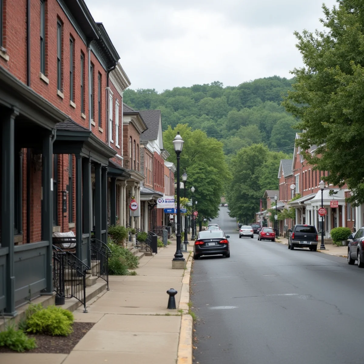 Older brick and frame houses with porches along a small-town main street in Pennsylvania