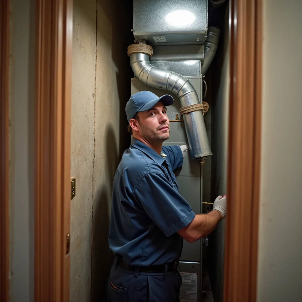Technician fitting a compact furnace into a narrow utility closet in an older home