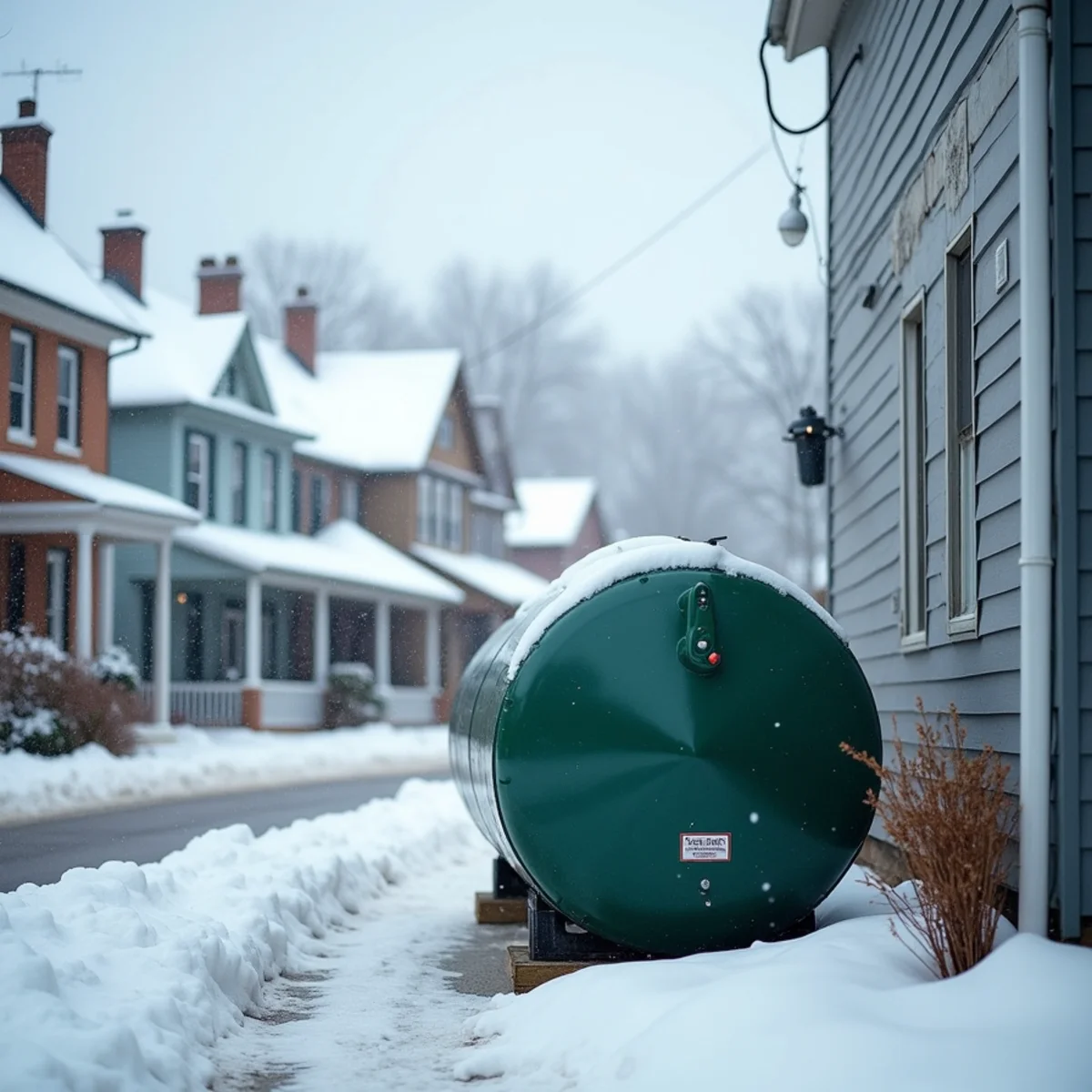 Snow-covered rooftops with chimneys and an exterior oil tank beside an older house on a cold morning