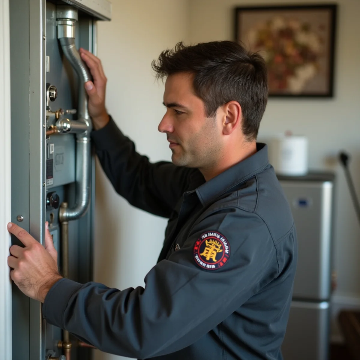 Homeowner reviewing a written HVAC estimate next to a furnace with a technician in a Bucks County home
