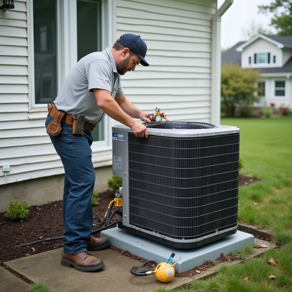Technician installing a new outdoor heat pump unit on a pad beside a suburban house