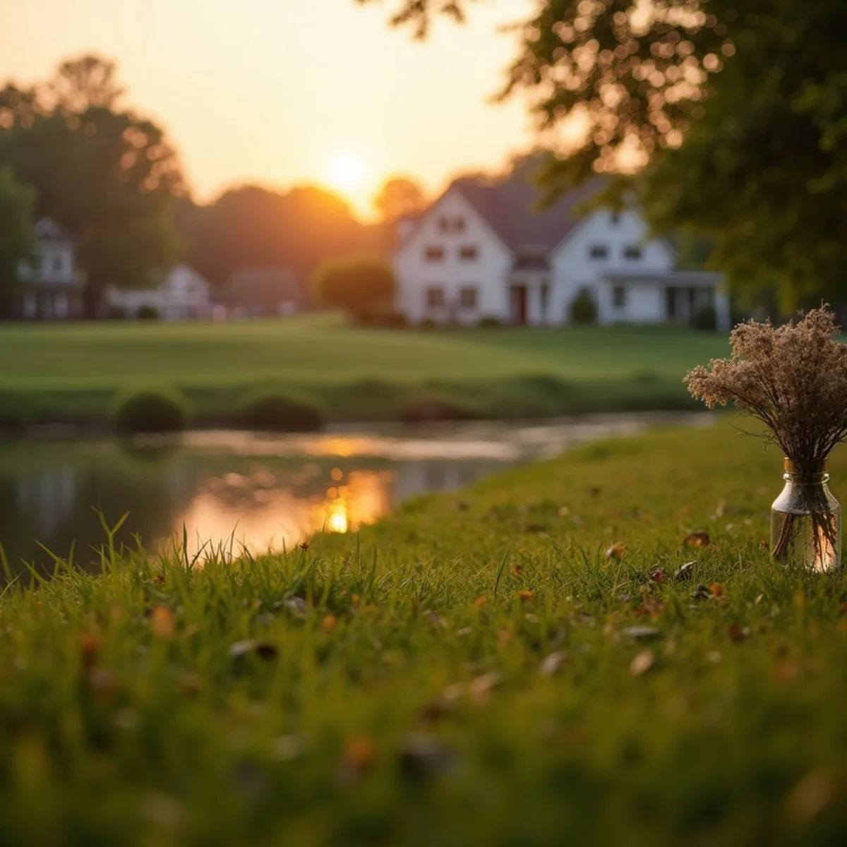 Humid summer evening at a creekside park with houses and outdoor air conditioners beyond the tree line
