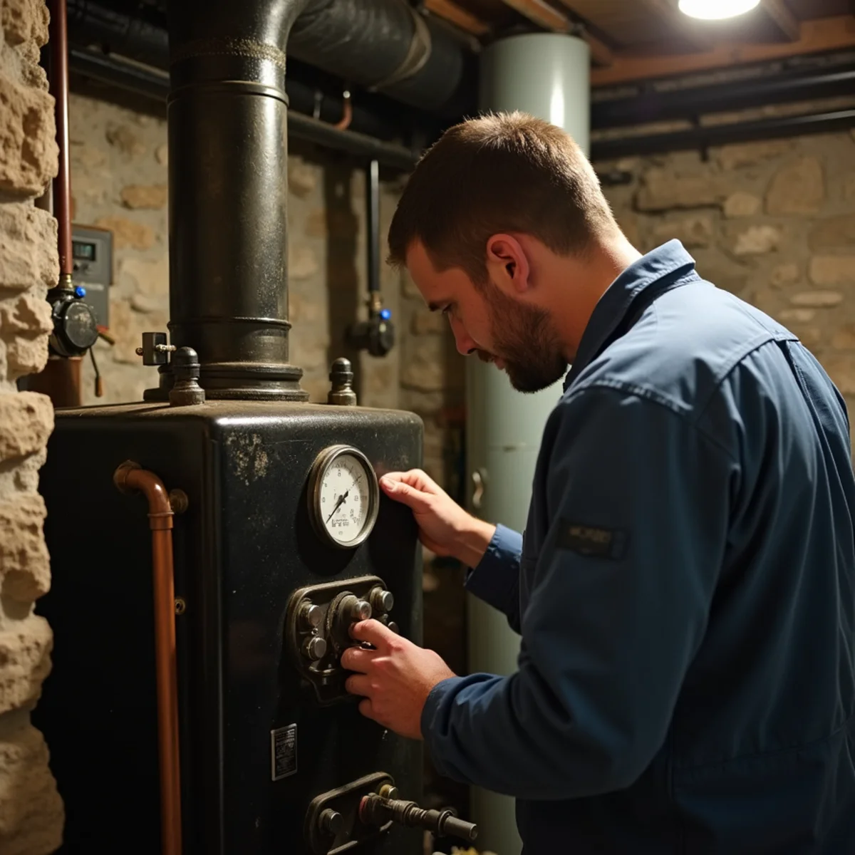 HVAC technician working on a cast-iron boiler with radiator piping in an old stone basement