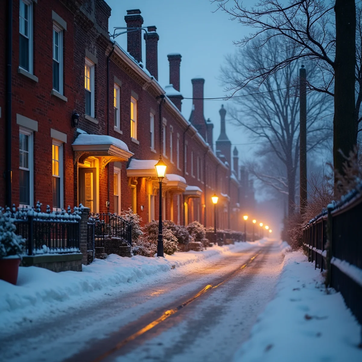 Snow falling on a block of Victorian houses with chimneys in a Pennsylvania borough at dusk