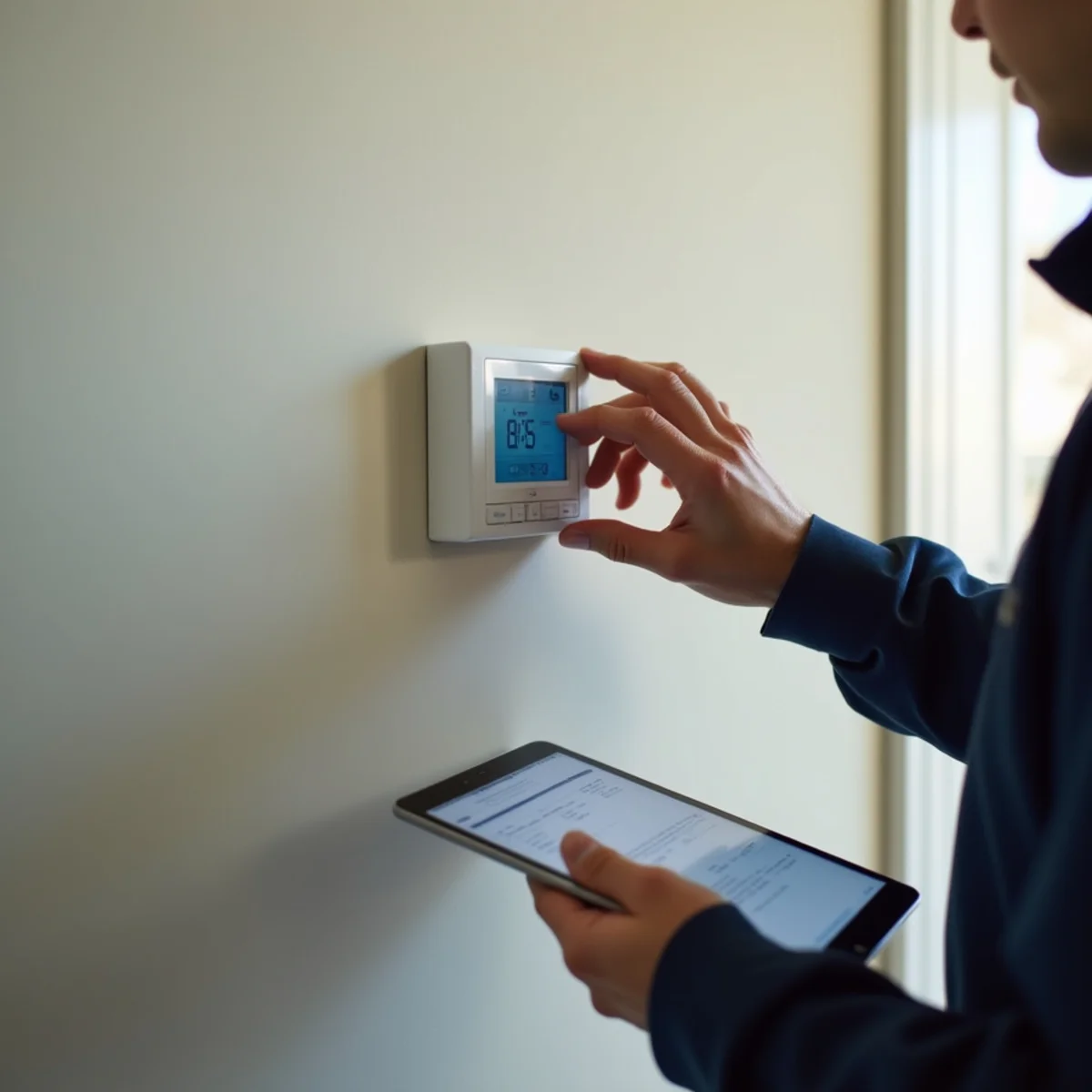 A technician adjusting thermostat switchover settings