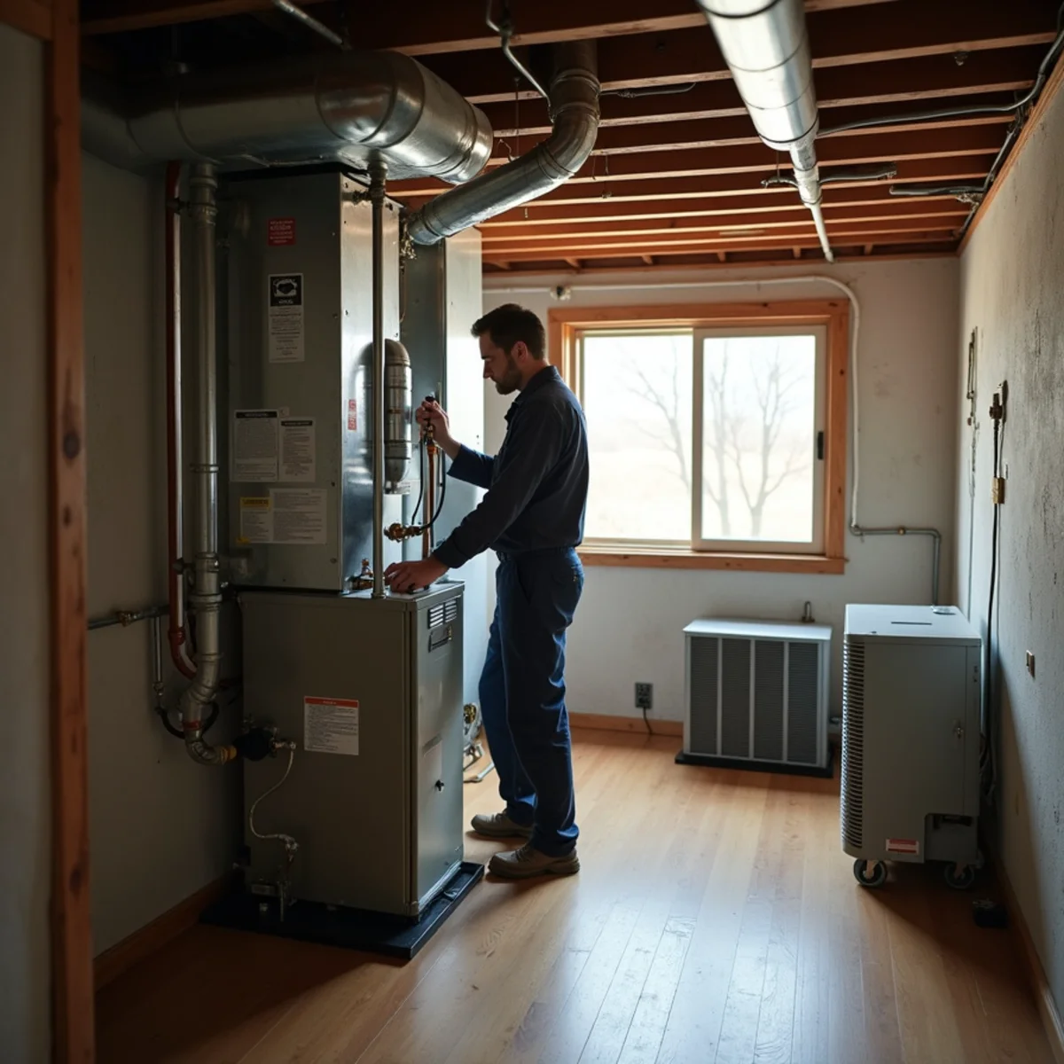 Two technicians working on a heating system installation