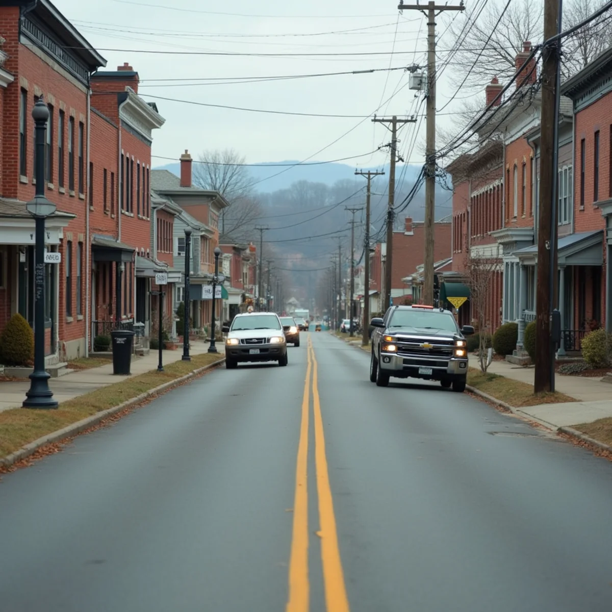 Older brick and frame houses along a two-lane borough main street with farm fields at the edge of town