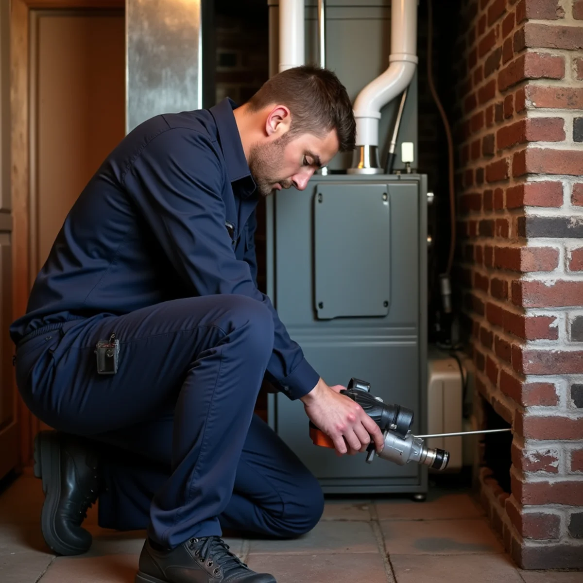 Technician checking the flue connection of a gas furnace to a masonry chimney in an older basement