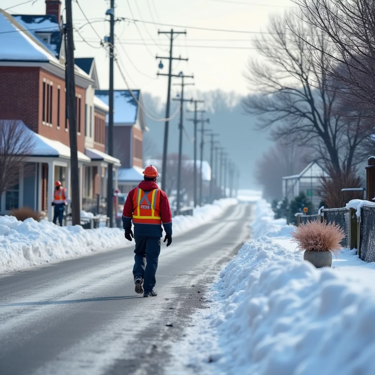 Light snow on a small-town main street with a plowed edge and a snowy farm field and greenhouse beyond