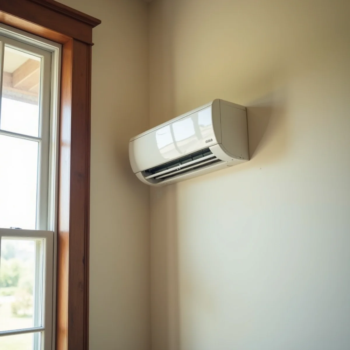 A mini-split indoor head in an older room with wood trim