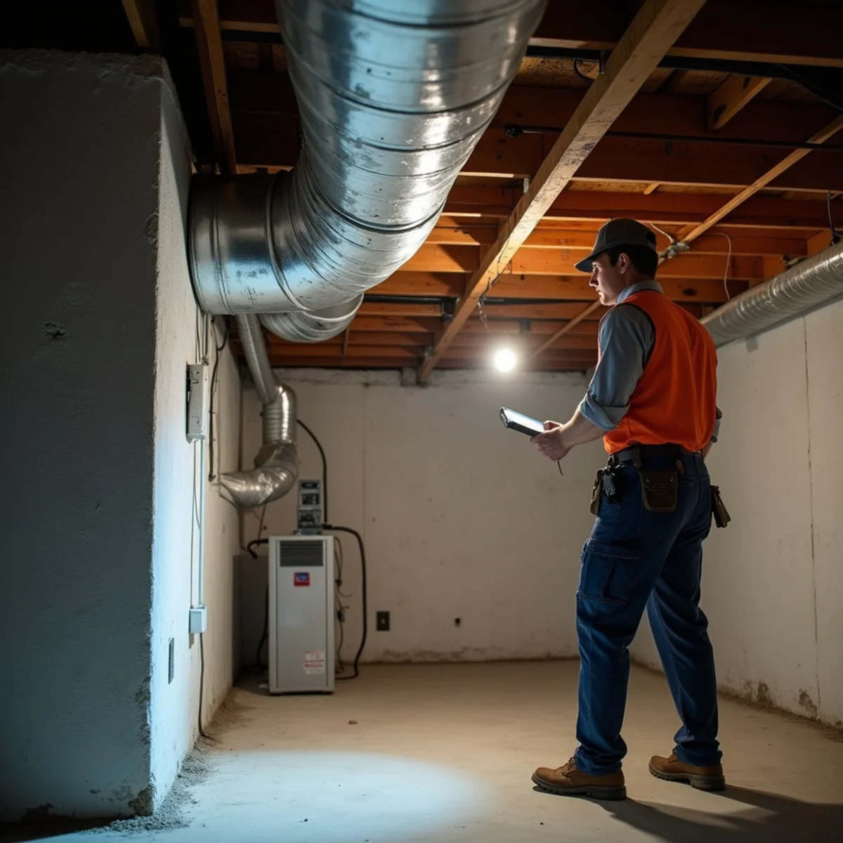 Central AC ductwork along a basement ceiling