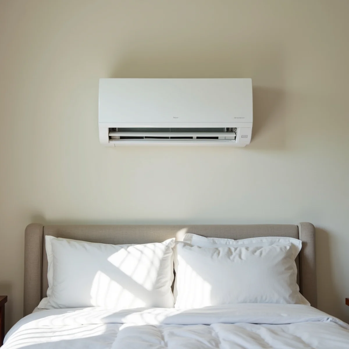 A wall-mounted mini-split indoor unit in a bedroom