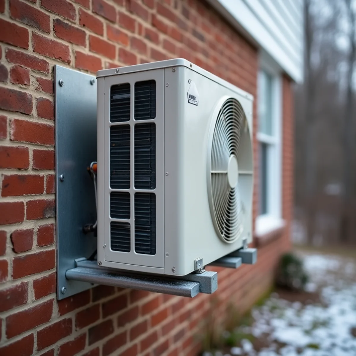 A mini-split outdoor unit mounted on a wall bracket