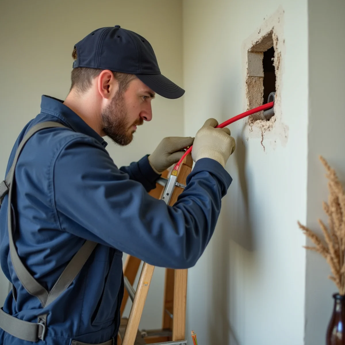 Technician routing a line set through an exterior wall