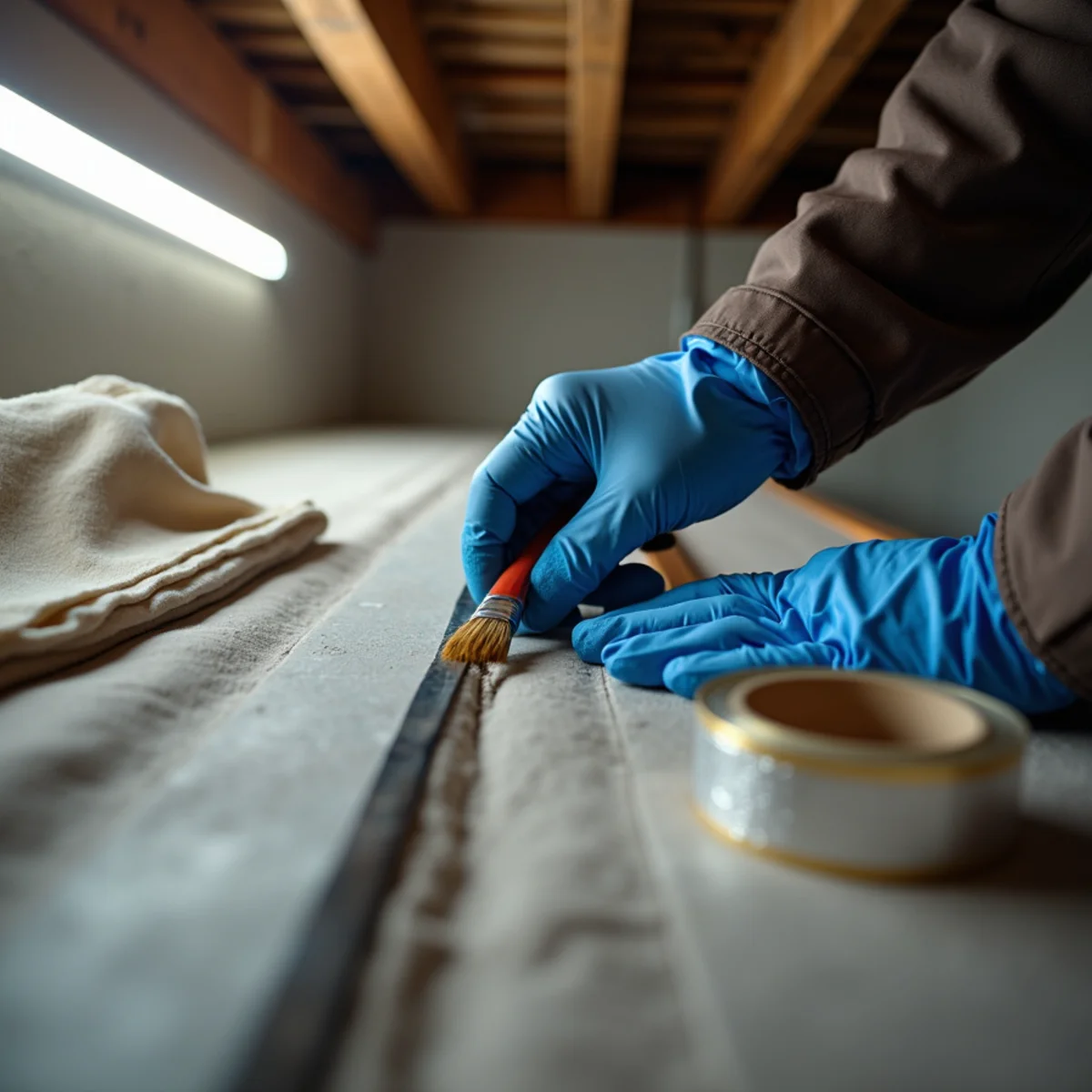 Technician sealing a duct seam with mastic