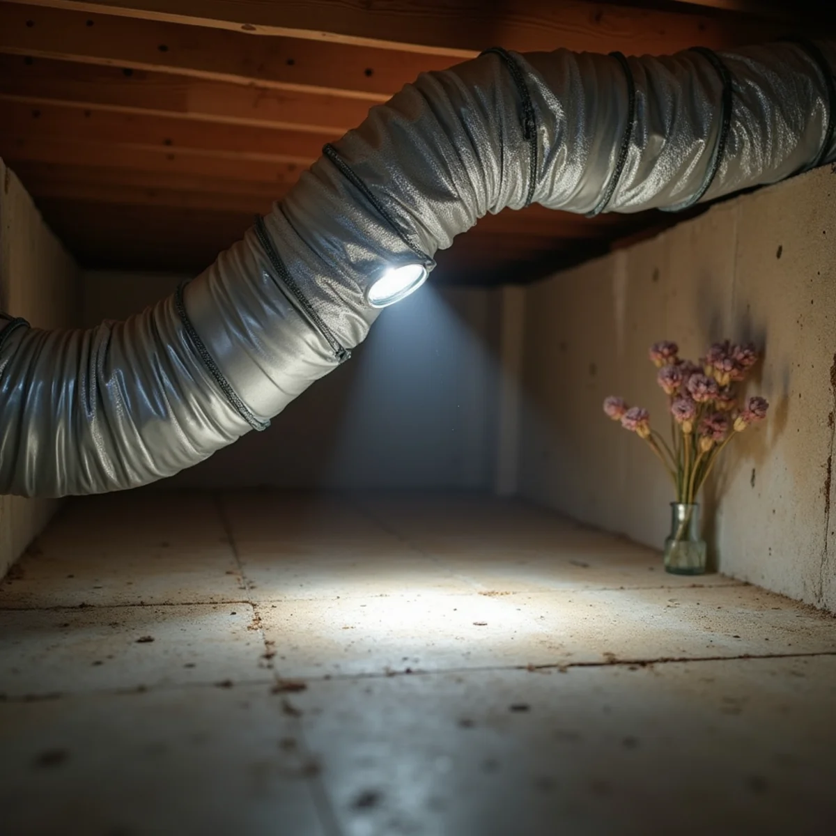 An insulated duct run in a crawlspace