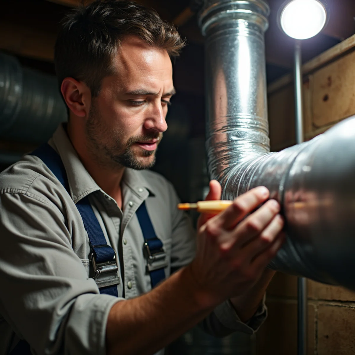 HVAC technician inspecting and sealing ductwork in a Quakertown, PA home attic