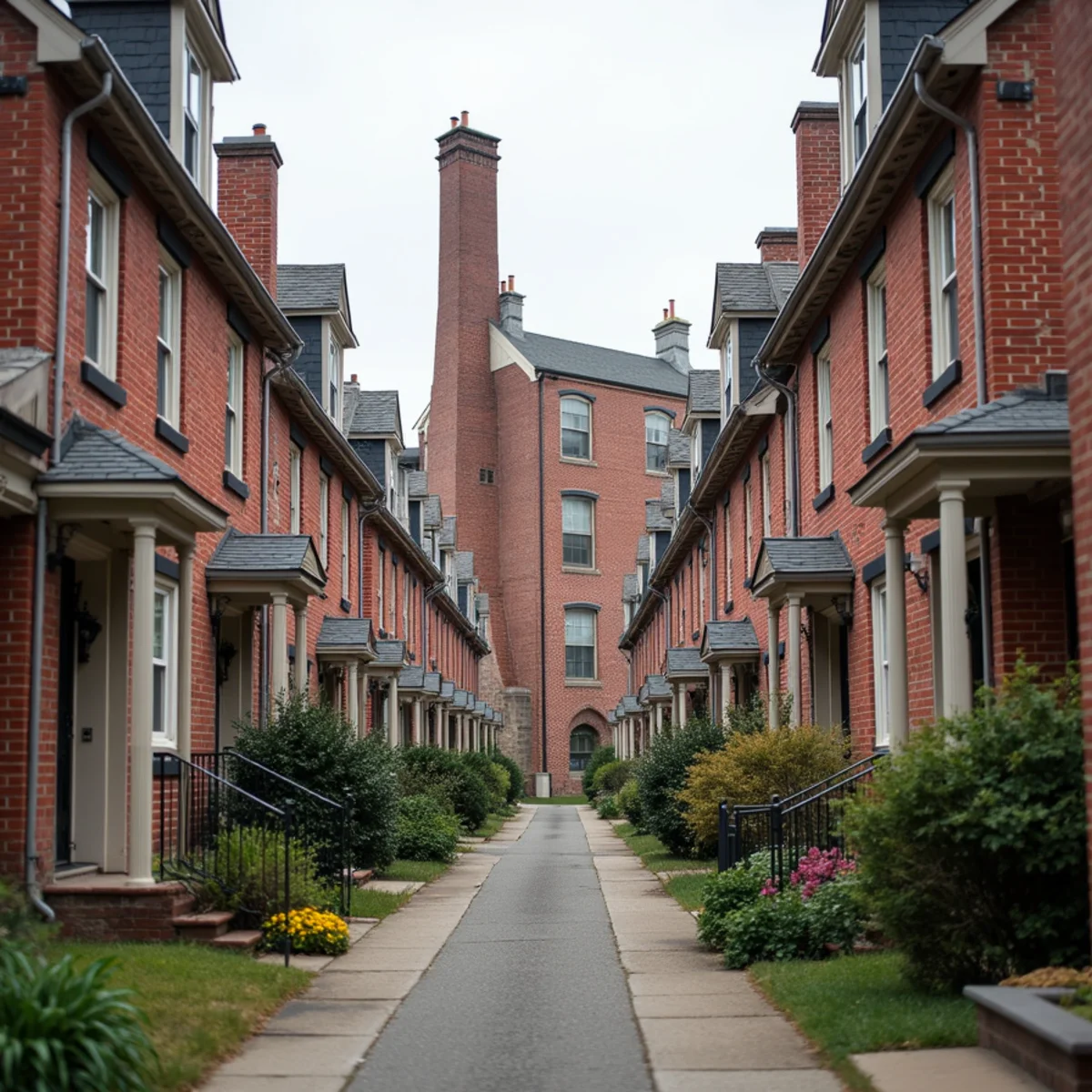 Row of older brick houses on a narrow street with a large former brick factory building behind