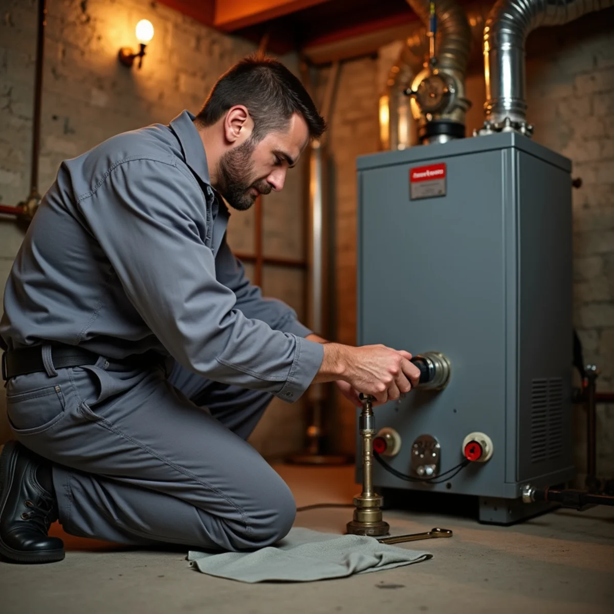 Technician servicing the burner of an oil-fired boiler in a basement with a fuel tank nearby