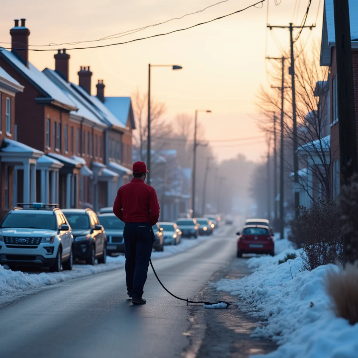 Frost-covered rooftops and chimneys with thin vapor over a small-town street at dawn