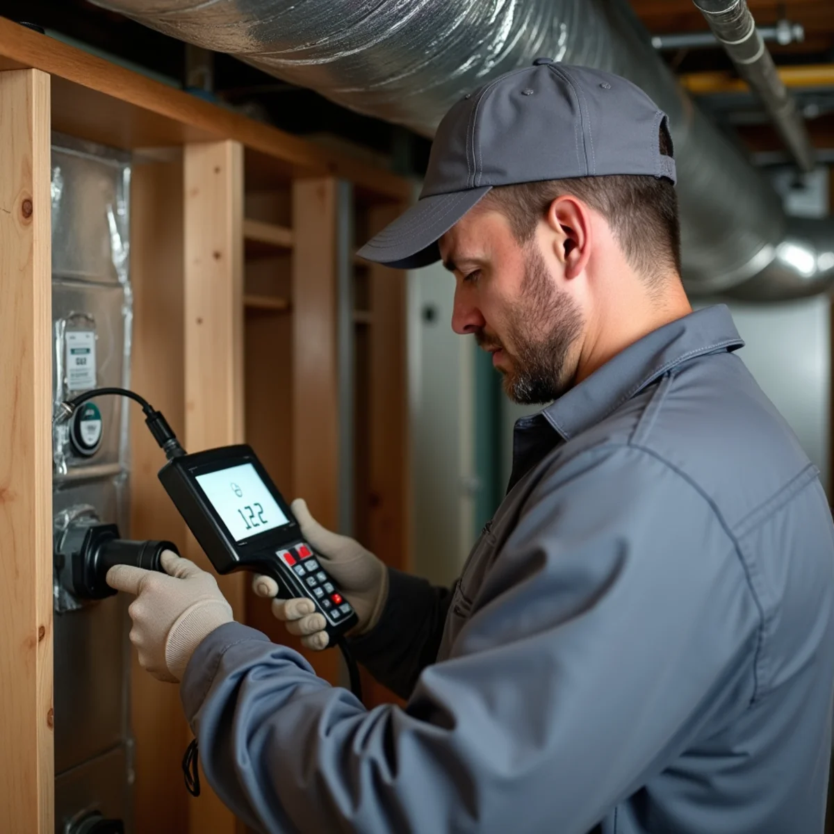 Technician measuring duct static pressure at a furnace in an older finished basement utility room