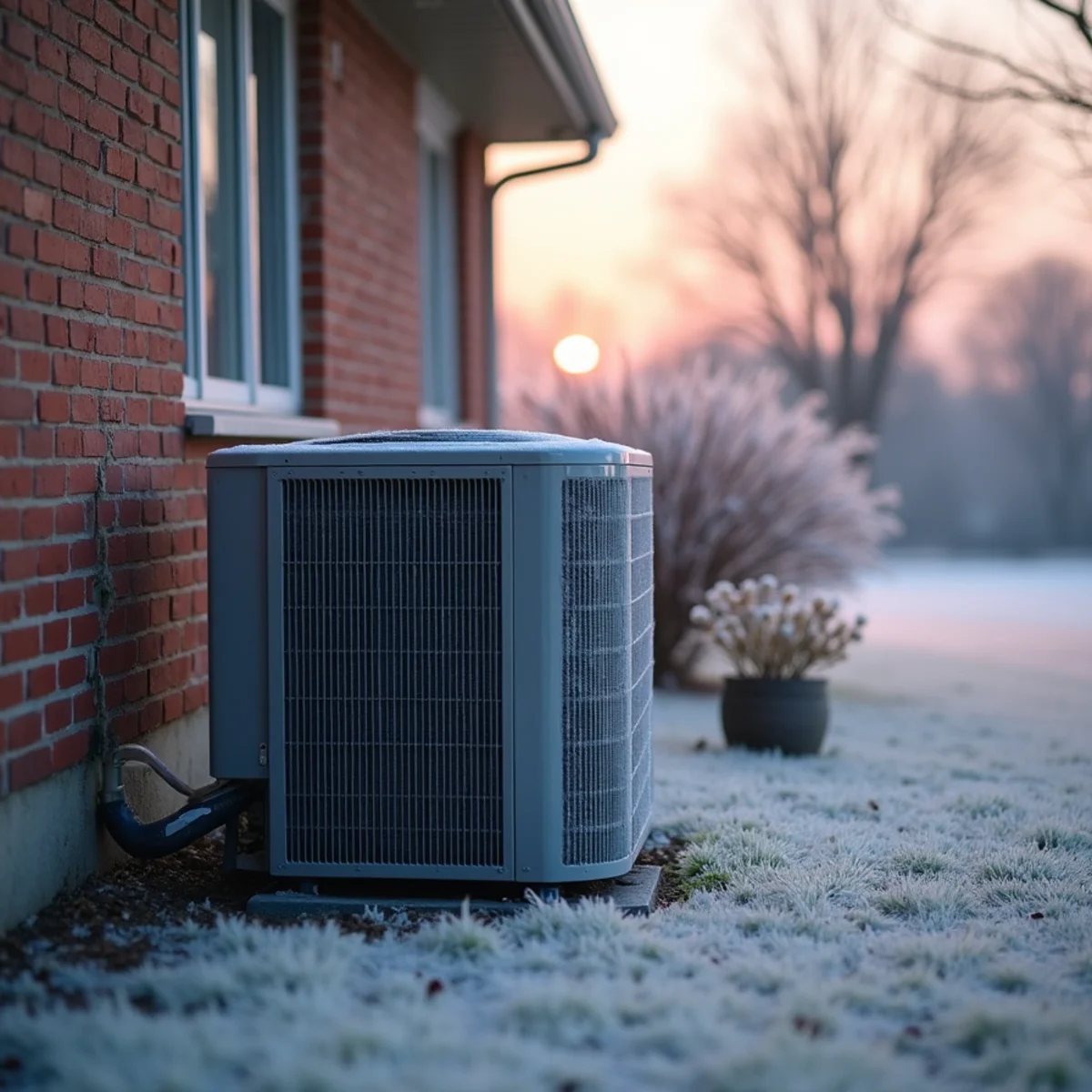 Frosted outdoor condenser beside a ranch house at dawn with a frosted lawn