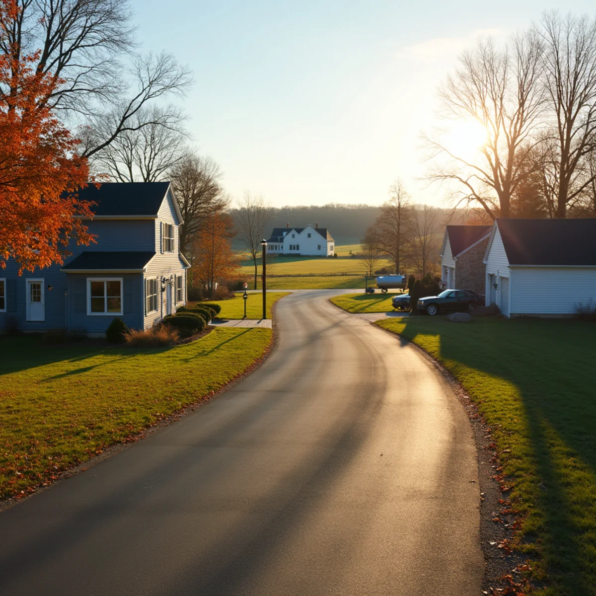 Split-level and two-story houses on large lots with farm fields behind them in rural Bucks County