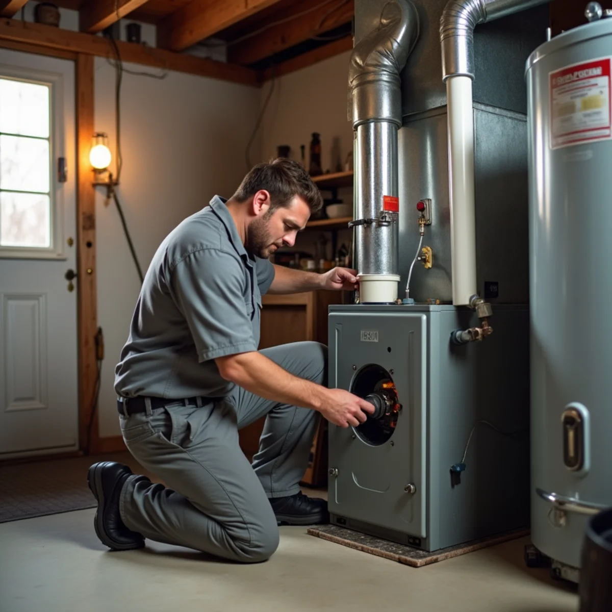 Technician servicing an oil-fired furnace burner in a residential basement