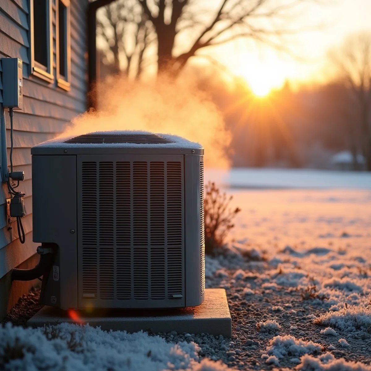 Frost-covered outdoor heat pump unit beside a rural house at sunrise with farm fields beyond