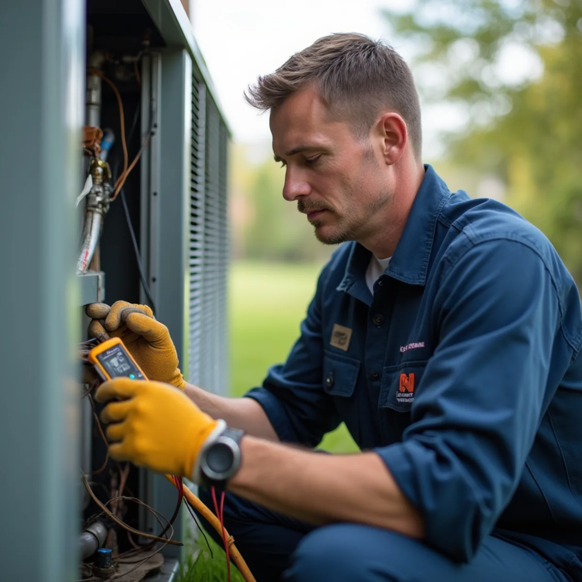 Technician testing a capacitor on an outdoor AC