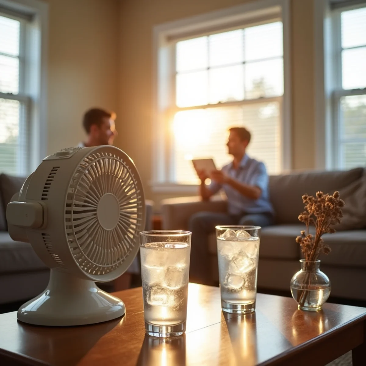 A living room with fans running during a heat wave