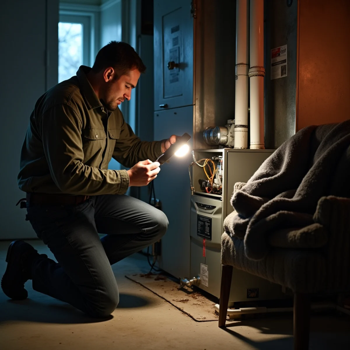 Technician performing emergency furnace repair during winter in Quakertown, PA