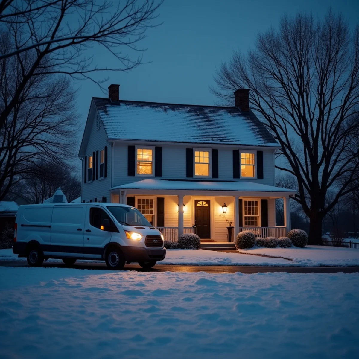 A house exterior on a cold winter night with warm windows