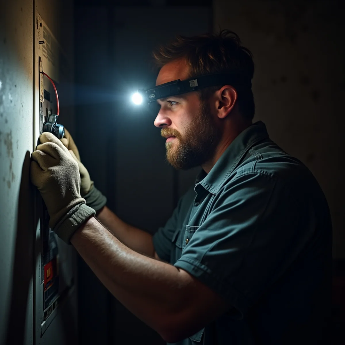 Technician with a flashlight checking an electrical panel at night
