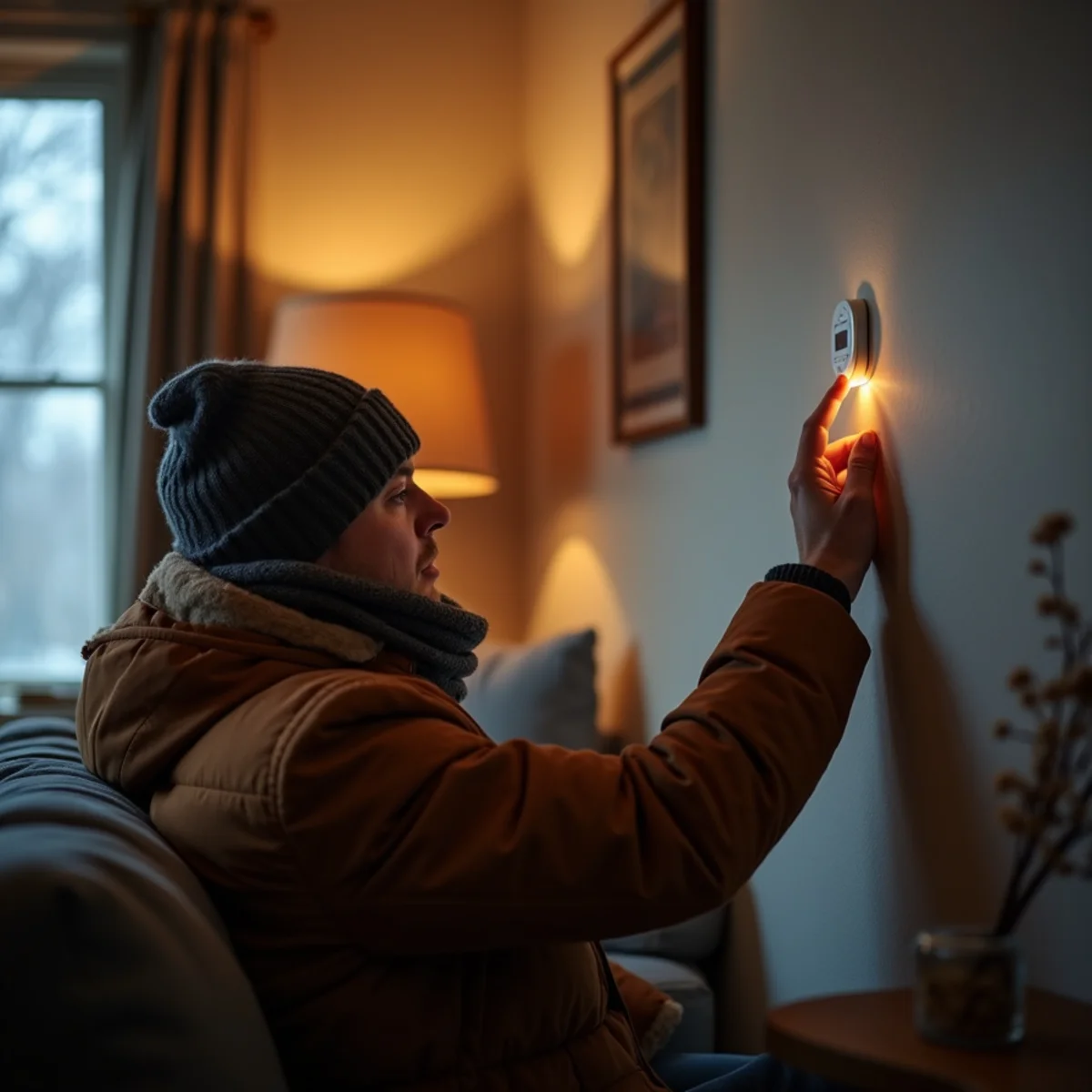 A homeowner in a winter coat in a cold living room