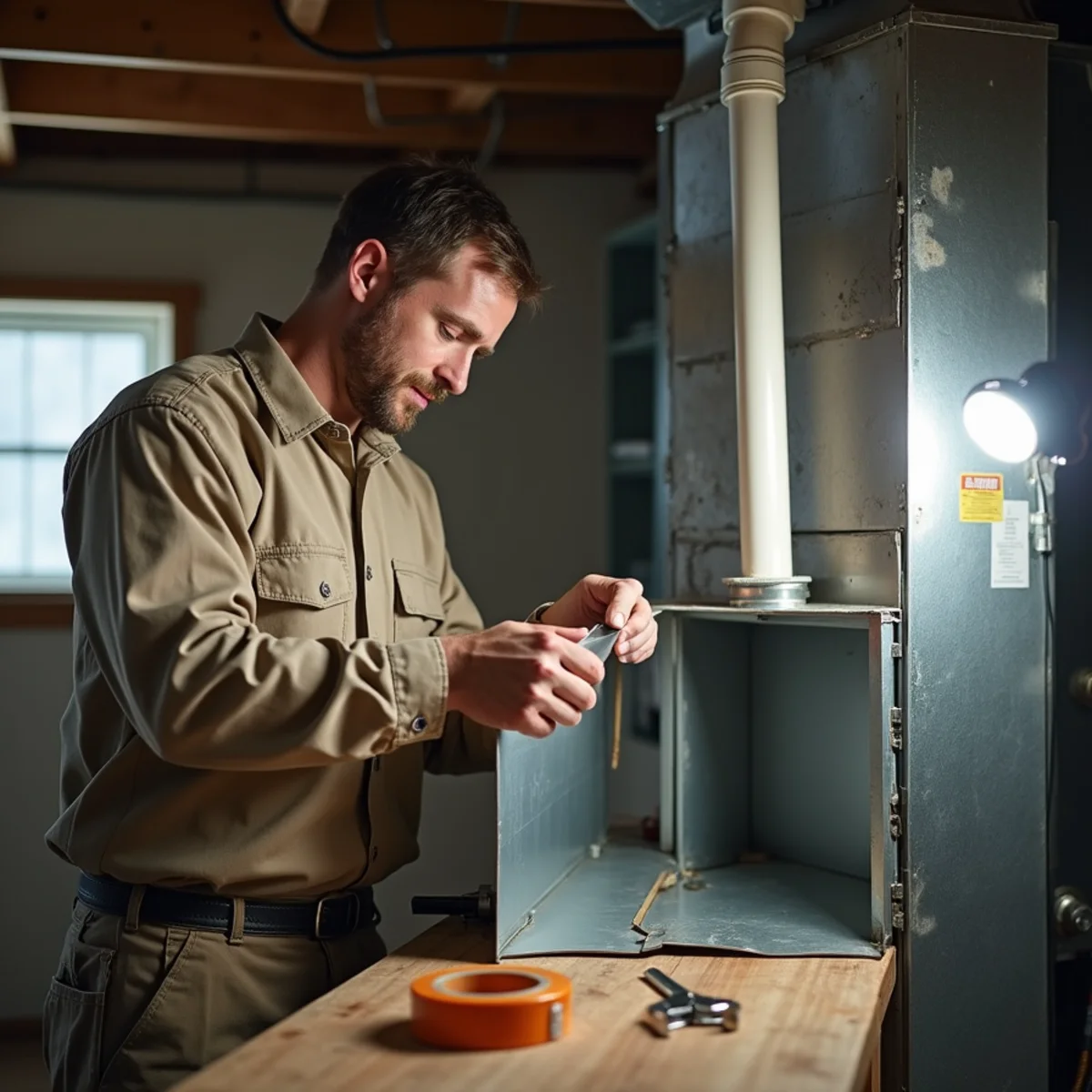 Technician fitting an evaporator coil onto the supply plenum of an existing gas furnace
